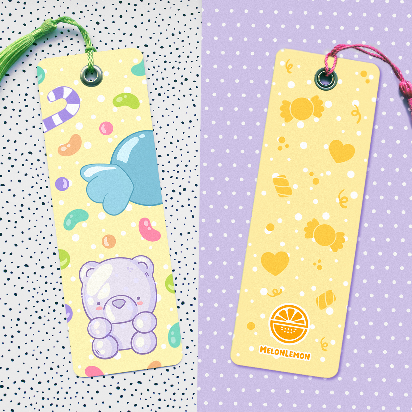 Hand made semi glossy cardboard bookmark with metal eyelet and tassel with hand drawn candy