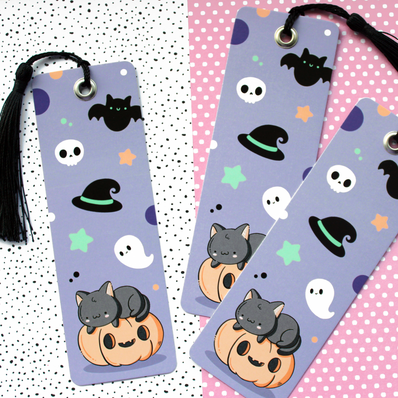 Hand made semi glossy cardboard bookmark with metal eyelet and tassel with hand drawn halloween characters