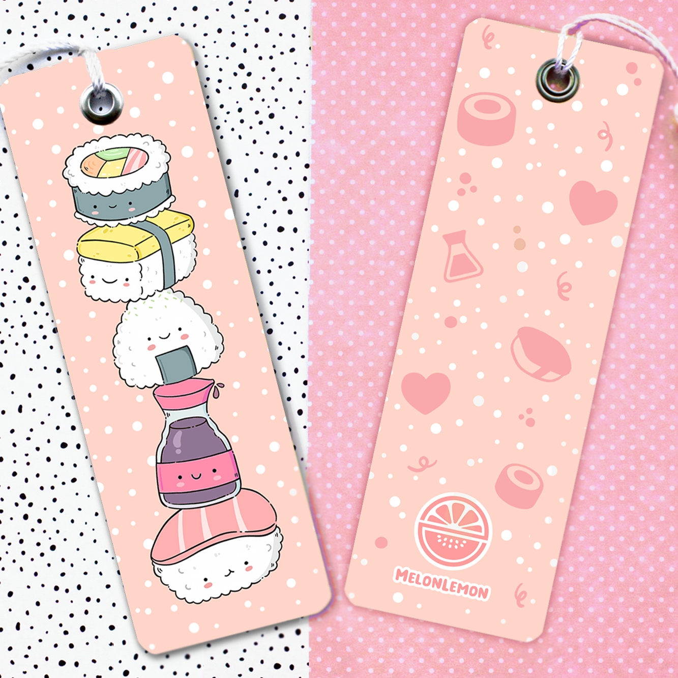 Hand made semi glossy cardboard bookmark with metal eyelet and tassel with hand drawn sushi characters