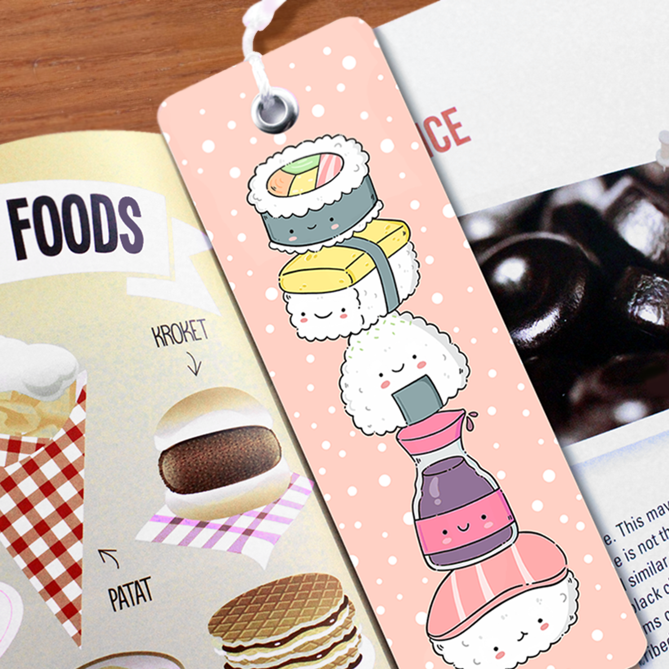 Hand made semi glossy cardboard bookmark with metal eyelet and tassel with hand drawn sushi characters