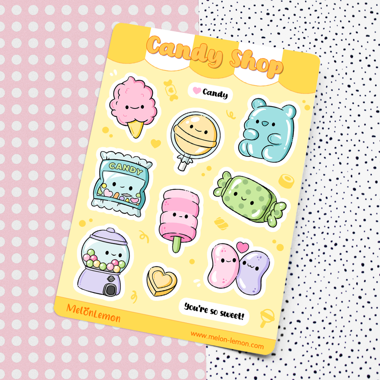 Hand drawn stickers sheet with kawaii candy and sweets on a yellow background.