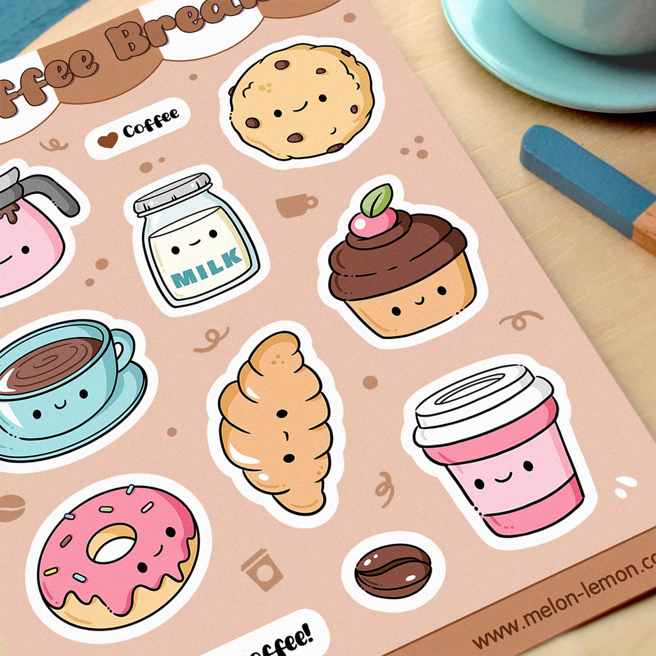 Hand drawn stickers sheet with kawaii coffee, cookie, milk, cupcake, croissant, donut on a brown background.