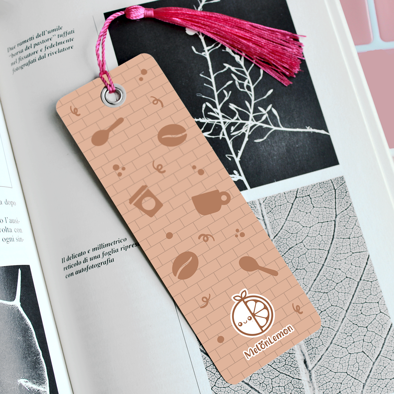 Hand made semi glossy cardboard bookmark with metal eyelet and tassel with hand drawn coffee characters