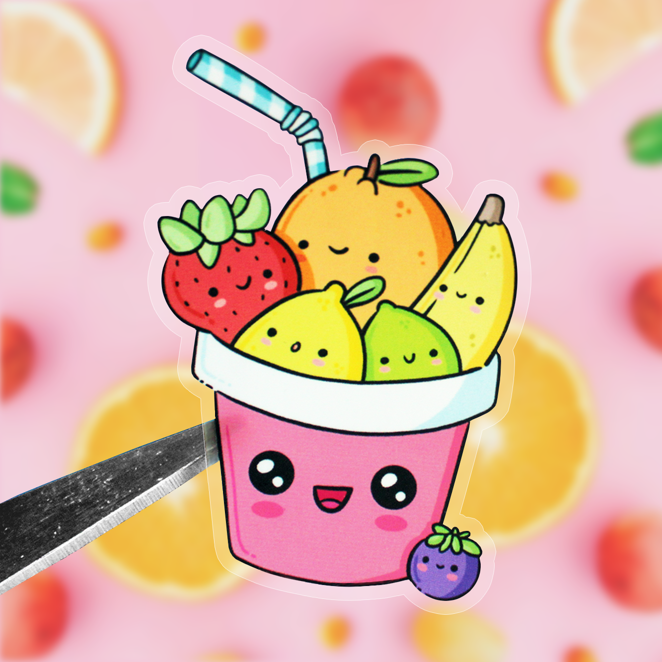 Hand drawn vinyl sticker of a cup with fruit