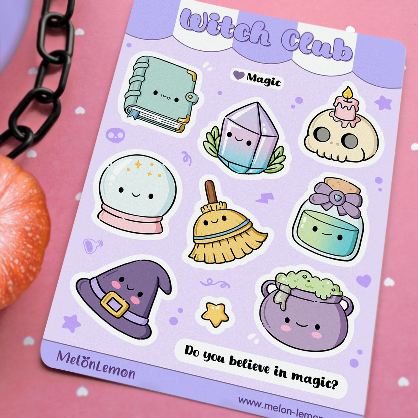 Hand drawn stickers sheet with magic items on a purple background. Spell book, crystal, skull, candle, crystal ball, broom, potion, witch hat and cauldron.