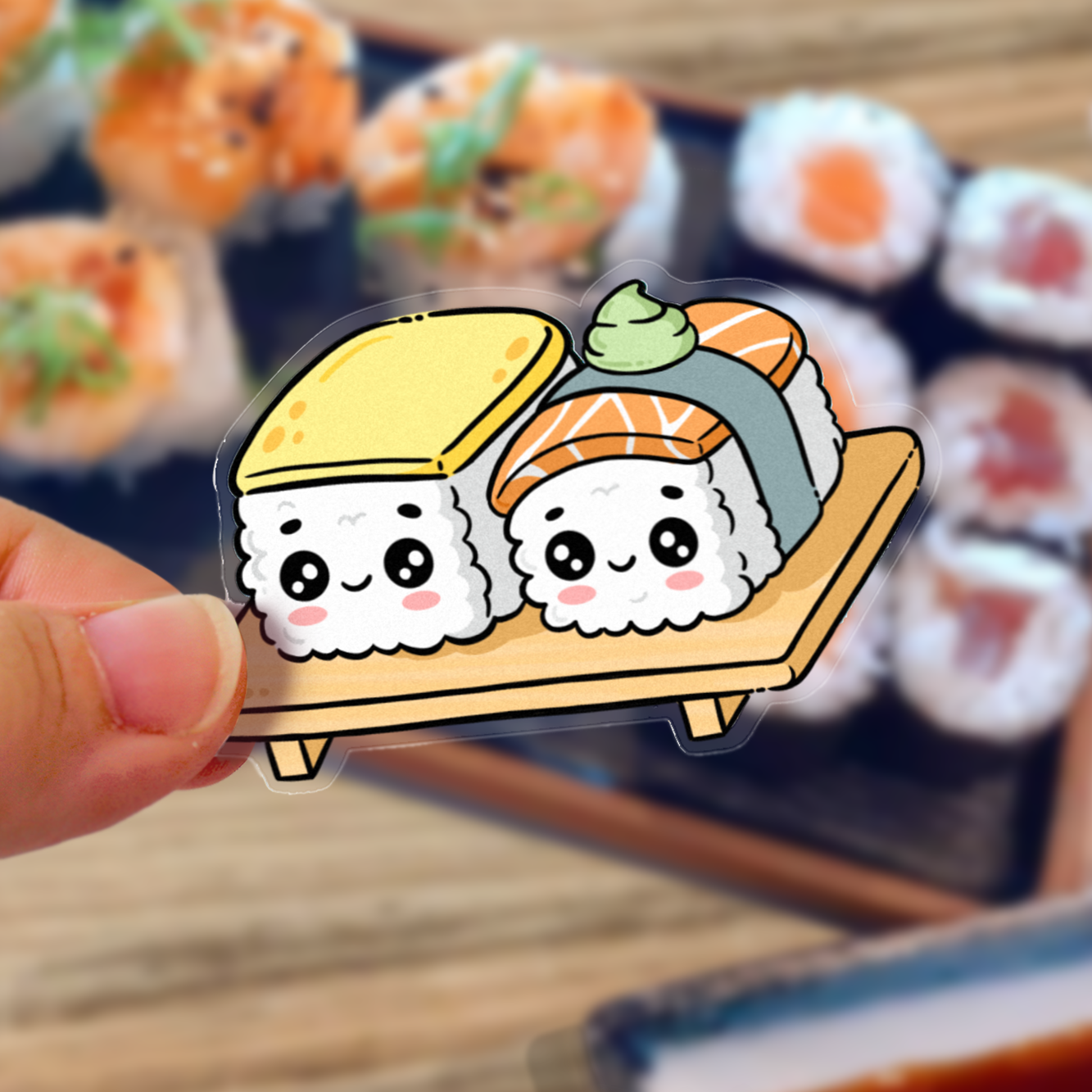 Hand drawn vinyl sticker of a salmon nigiri and and egg nigiri on a sushi tray