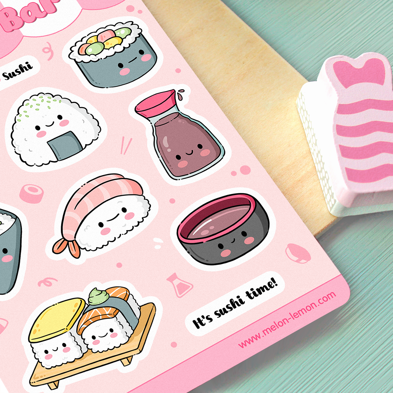 Hand drawn stickers sheet with kawaii sushi on a pink background. Nigiri, roll, soy sauce, handroll.