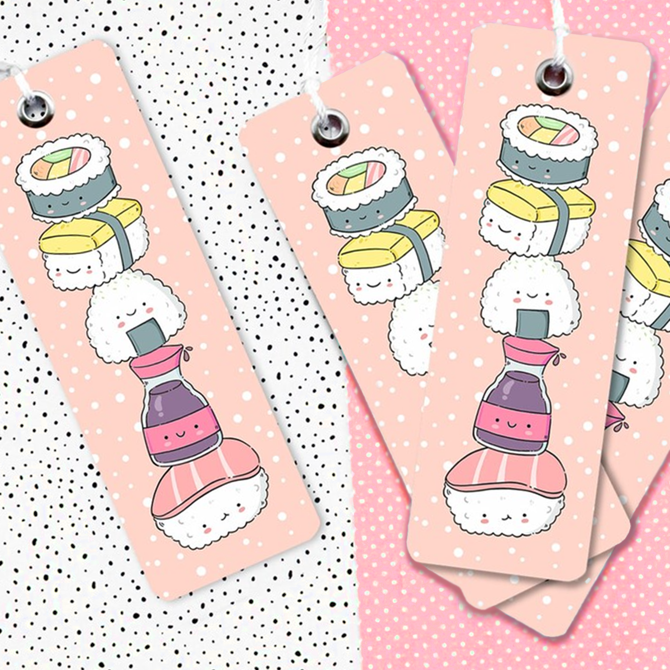 Hand made semi glossy cardboard bookmarks with metal eyelet and tassel with hand drawn sushi characters