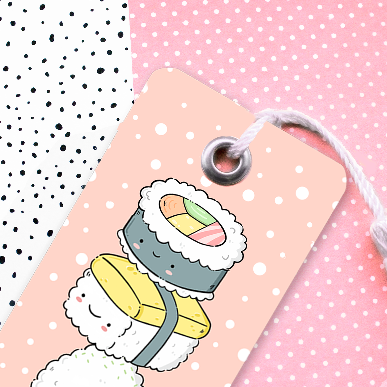 Hand made semi glossy cardboard bookmark with metal eyelet and tassel with hand drawn sushi characters
