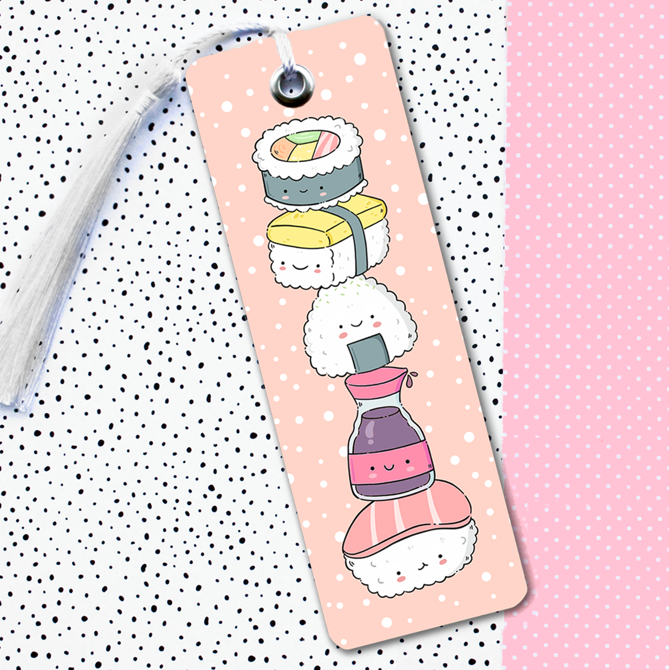 Hand made semi glossy cardboard bookmark with metal eyelet and tassel with hand drawn sushi characters