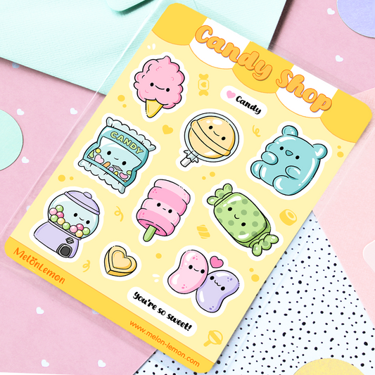 Hand drawn stickers sheet with kawaii candy and sweets on a yellow background.