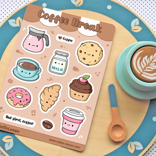 Hand drawn stickers sheet with kawaii coffee, cookie, milk, cupcake, croissant, donut on a brown background.