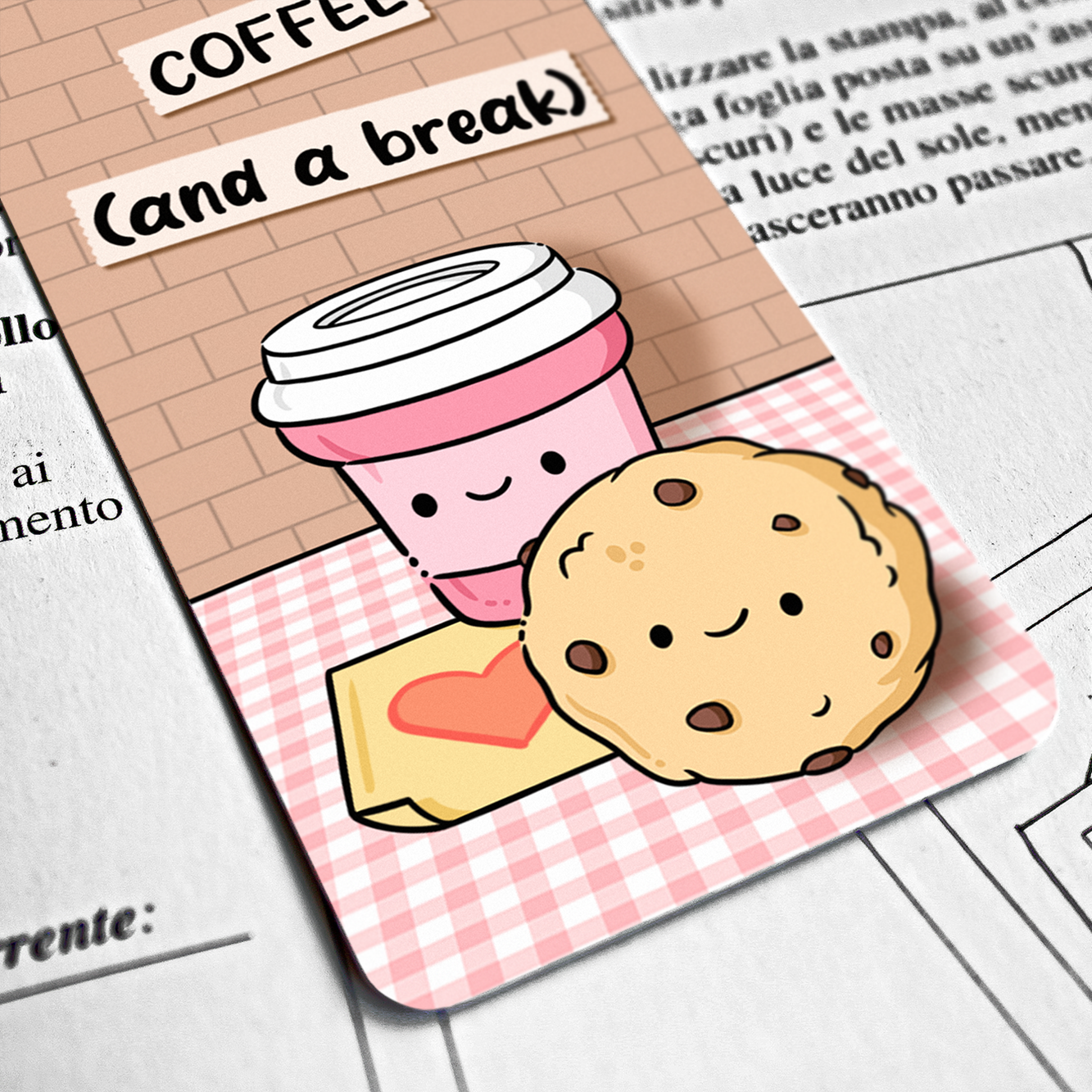 Hand made semi glossy cardboard bookmark with metal eyelet and tassel with hand drawn coffee characters