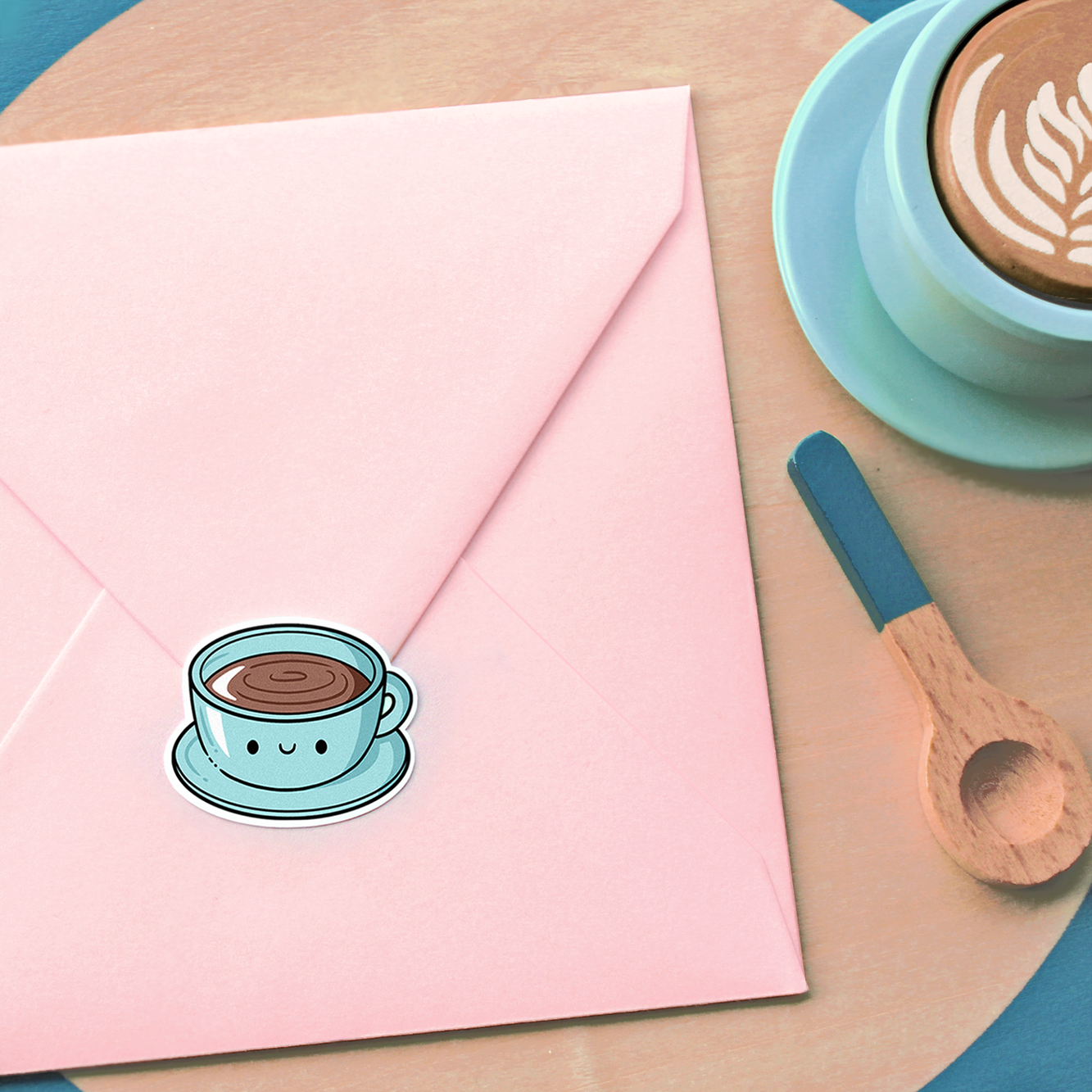 Hand drawn sticker of a kawaii coffee mug on a pink envelope