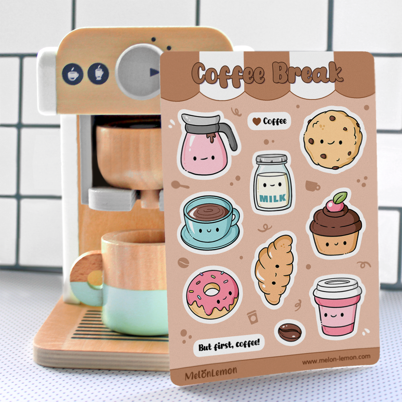 Hand drawn stickers sheet with kawaii coffee, cookie, milk, cupcake, croissant, donut on a brown background.