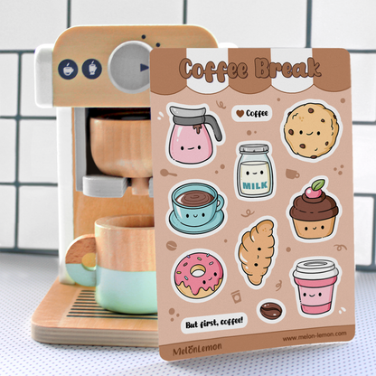 Hand drawn stickers sheet with kawaii coffee, cookie, milk, cupcake, croissant, donut on a brown background.