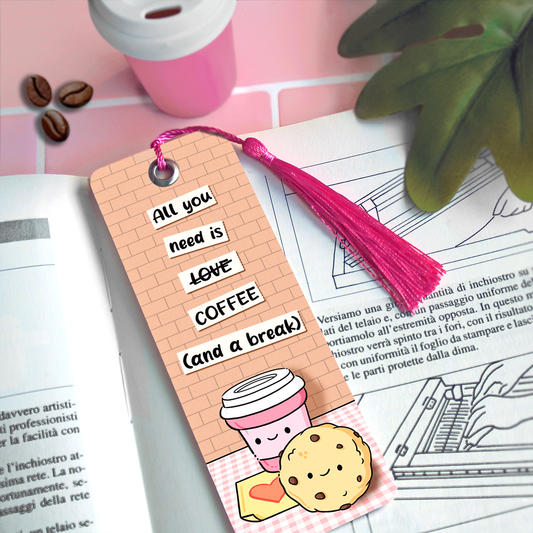 Hand made semi glossy cardboard bookmark with metal eyelet and tassel with hand drawn coffee characters