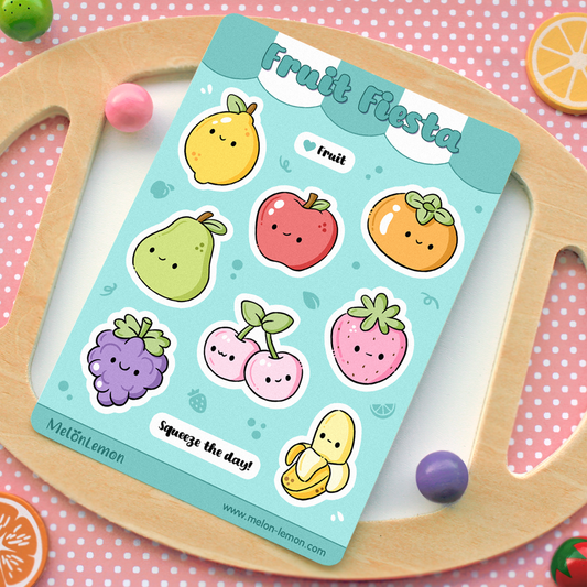 Hand drawn stickers sheet with fruit items on a turquoise blue background. Lemon, apple, persimmon, pear, strawberry, banana, grape, cherry.