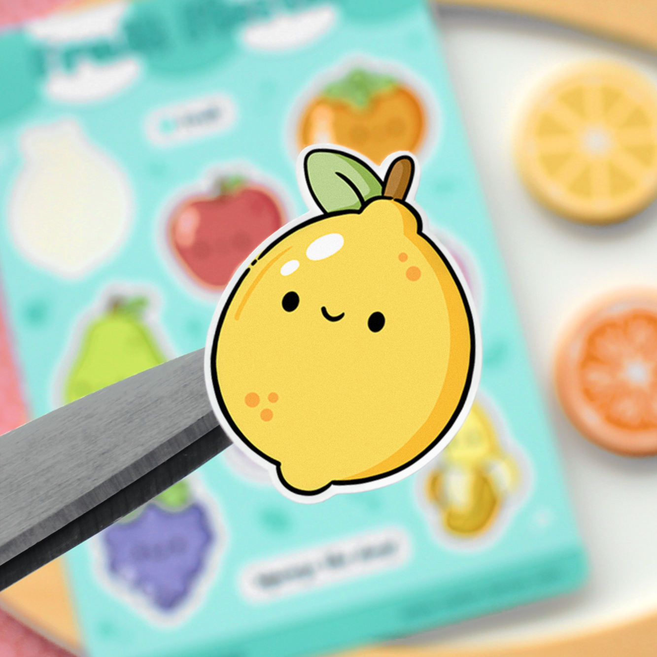 Hand drawn stickers sheet with fruit items on a turquoise blue background. Lemon, apple, persimmon, pear, strawberry, banana, grape, cherry.