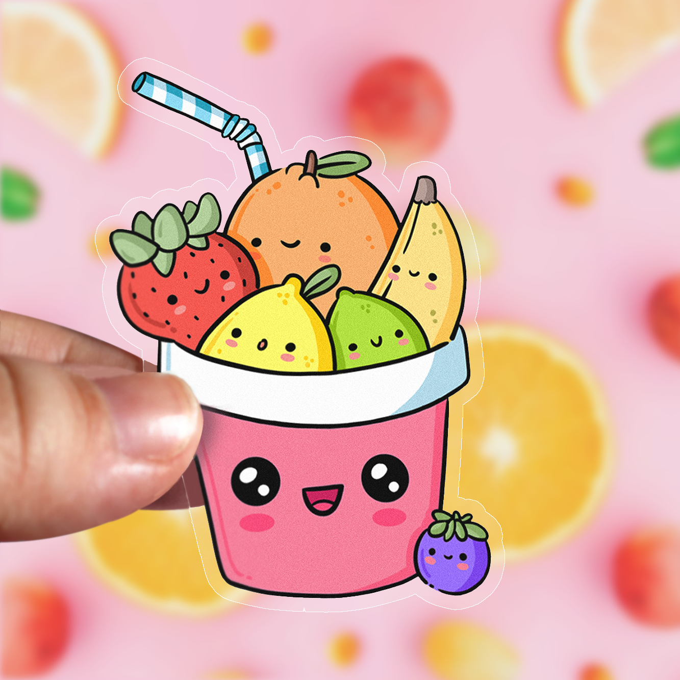 Hand drawn vinyl sticker of a cup with fruit