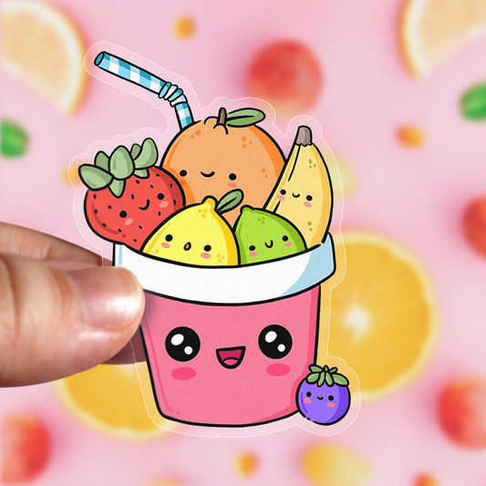 Hand drawn vinyl sticker of a cup with fruit
