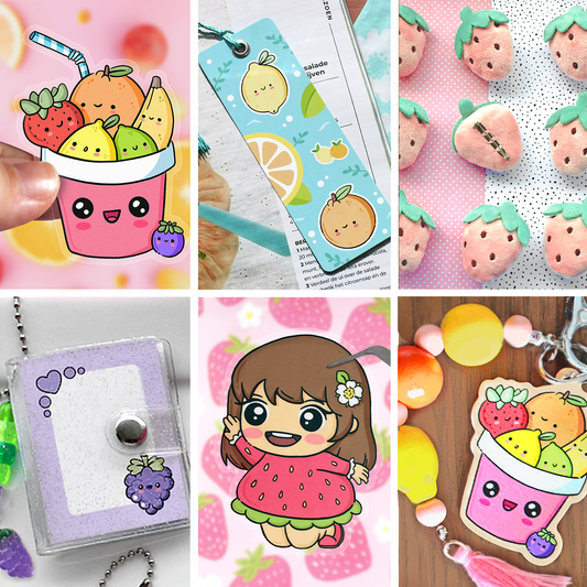 Collage of various hand drawn and hand made items with fruit