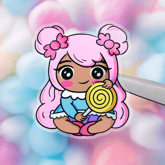 Hand drawn vinyl sticker of a kawaii girl with pink hair holding a lollypop