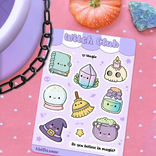 Hand drawn stickers sheet with kawaii magic items on a purple background. Spell book, crystal, skull, candle, crystal ball, broom, potion, witch hat and cauldron.