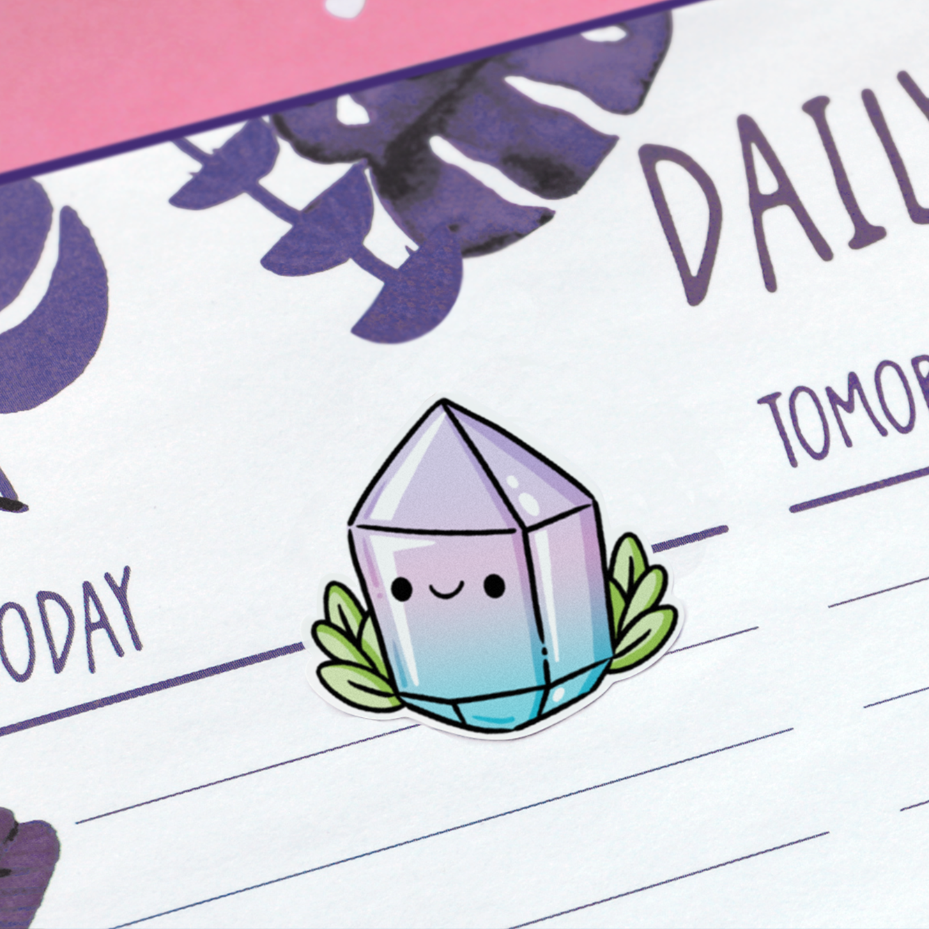 Hand drawn stickers sheet with magic items on a purple background. Spell book, crystal, skull, candle, crystal ball, broom, potion, witch hat and cauldron.
