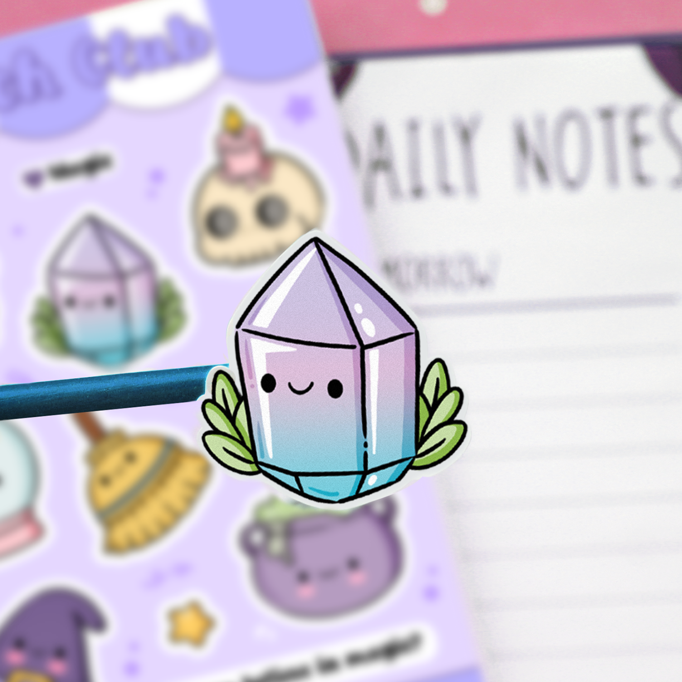 Hand drawn stickers sheet with magic items on a purple background. Spell book, crystal, skull, candle, crystal ball, broom, potion, witch hat and cauldron.