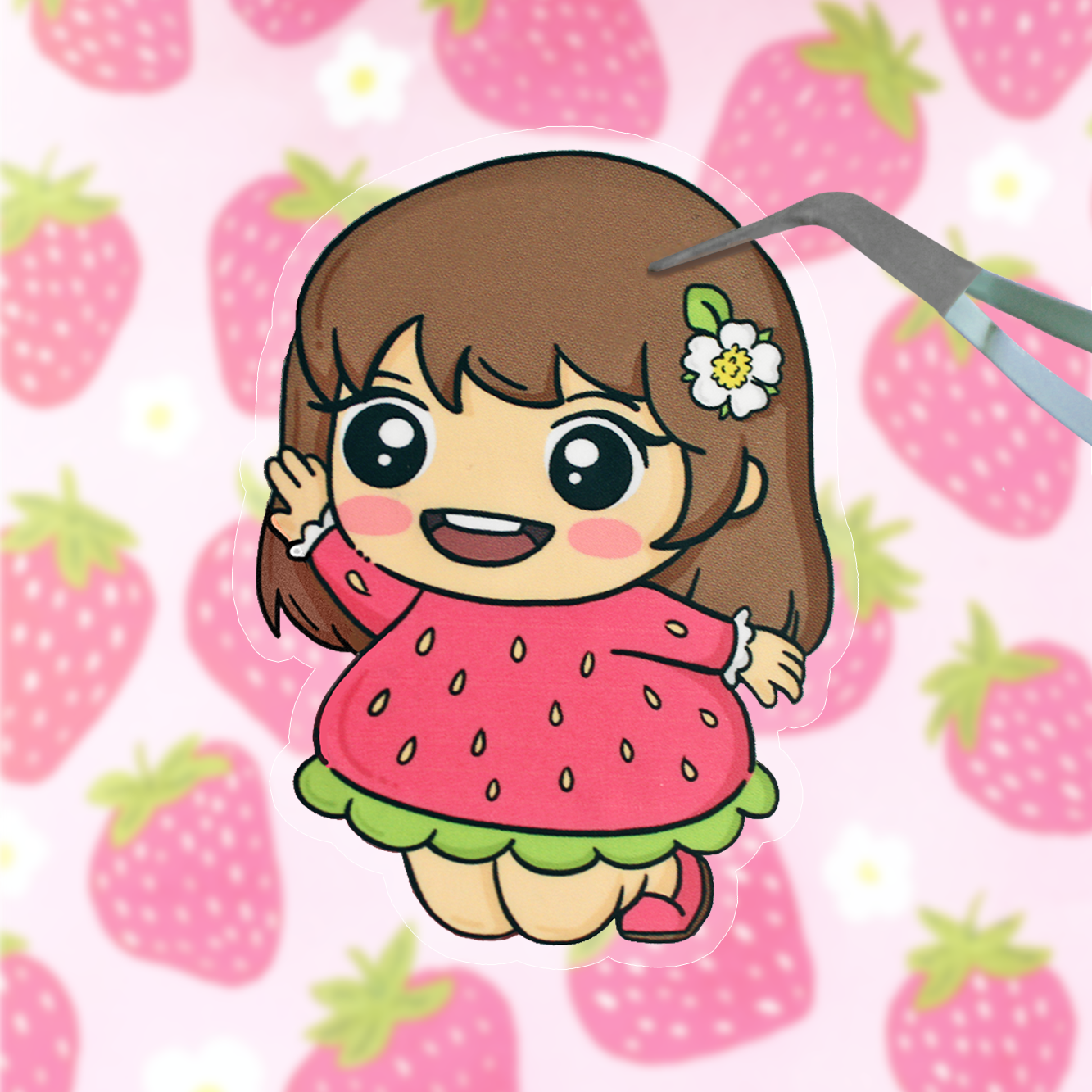 Hand drawn vinyl sticker of a kawaii girl in a strawberry dress