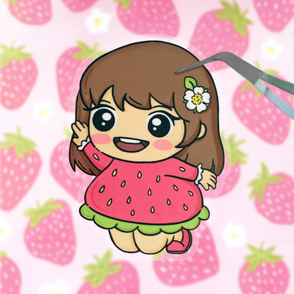 Hand drawn vinyl sticker of a kawaii girl in a strawberry dress