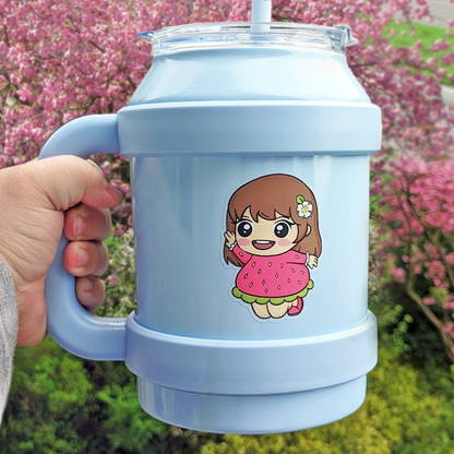 Hand drawn vinyl sticker on a water bottle of a kawaii girl in a strawberry dressa