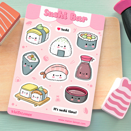 Hand drawn stickers sheet with kawaii sushi on a pink background. Nigiri, roll, soy sauce, handroll.