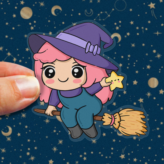 Hand drawn vinyl sticker of a kawaii girl with pink hair dressed as a witch flying on a broom holding a star and wearing a hat